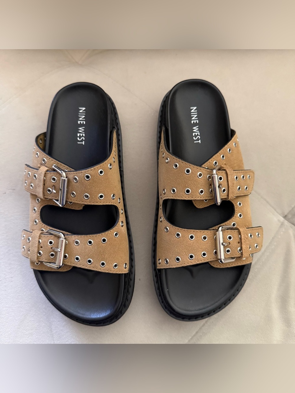 Nine West Tan Suede Double-Buckle Slide Sandals